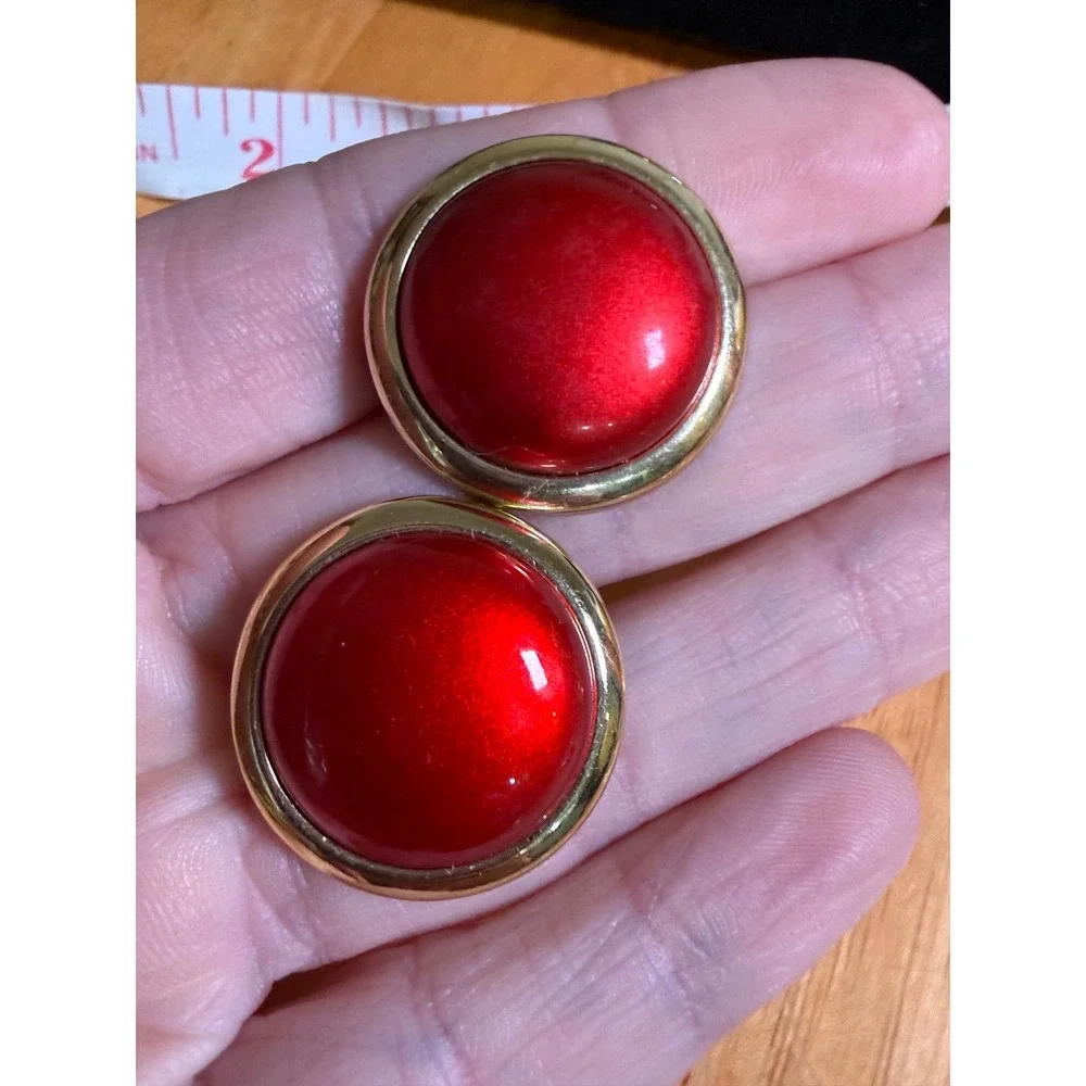 Vintage Red Gold Tone‎ Oversized Round Cabochon Stud Earrings Statement Retro 1